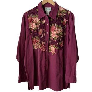 The Quacker Factory Floral Embroidered Trim Button Down Shirt